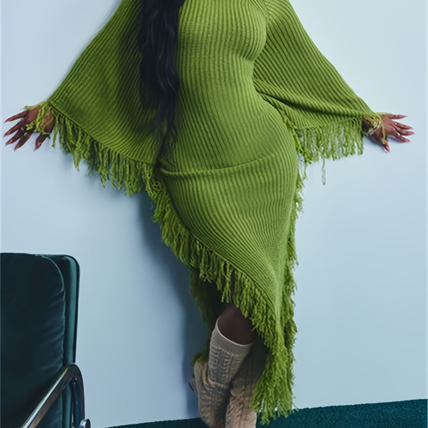 Fringe Trim Sweater Dress For Women, Batwing Long Sleeve